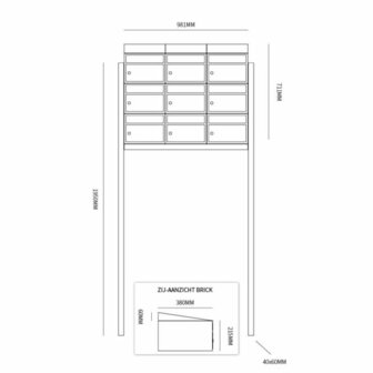 Brievenbus constructie 9 postkasten incl. palen zwart