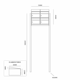 Brievenbus constructie 4 postkasten incl. palen zwart