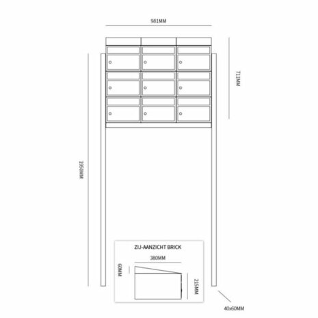 Brievenbus constructie 9 postkasten incl. palen zwart