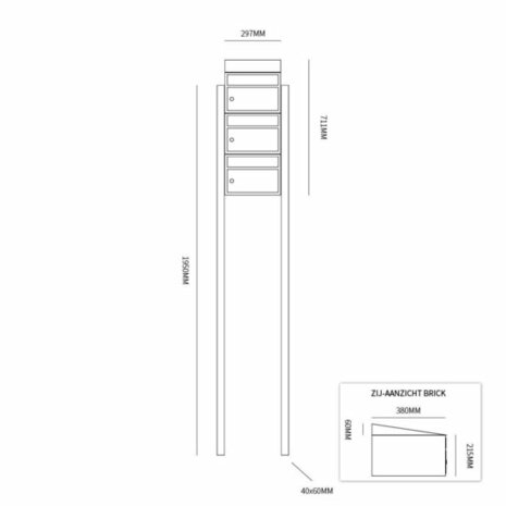 Brievenbus constructie 3 postkasten incl. palen zwart