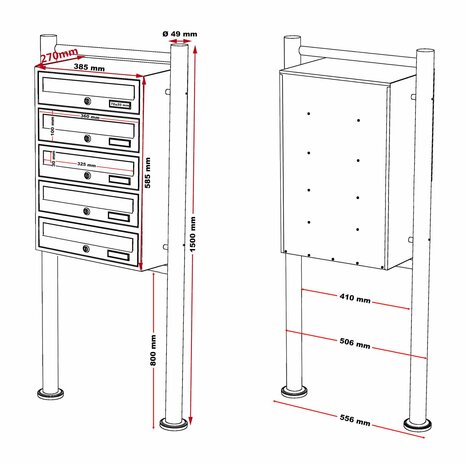 Brievenbus constructie voor 5 brievenbussen met palen antraciet